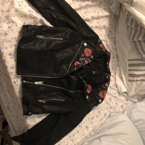 faux leather jacket with flower embroidery!